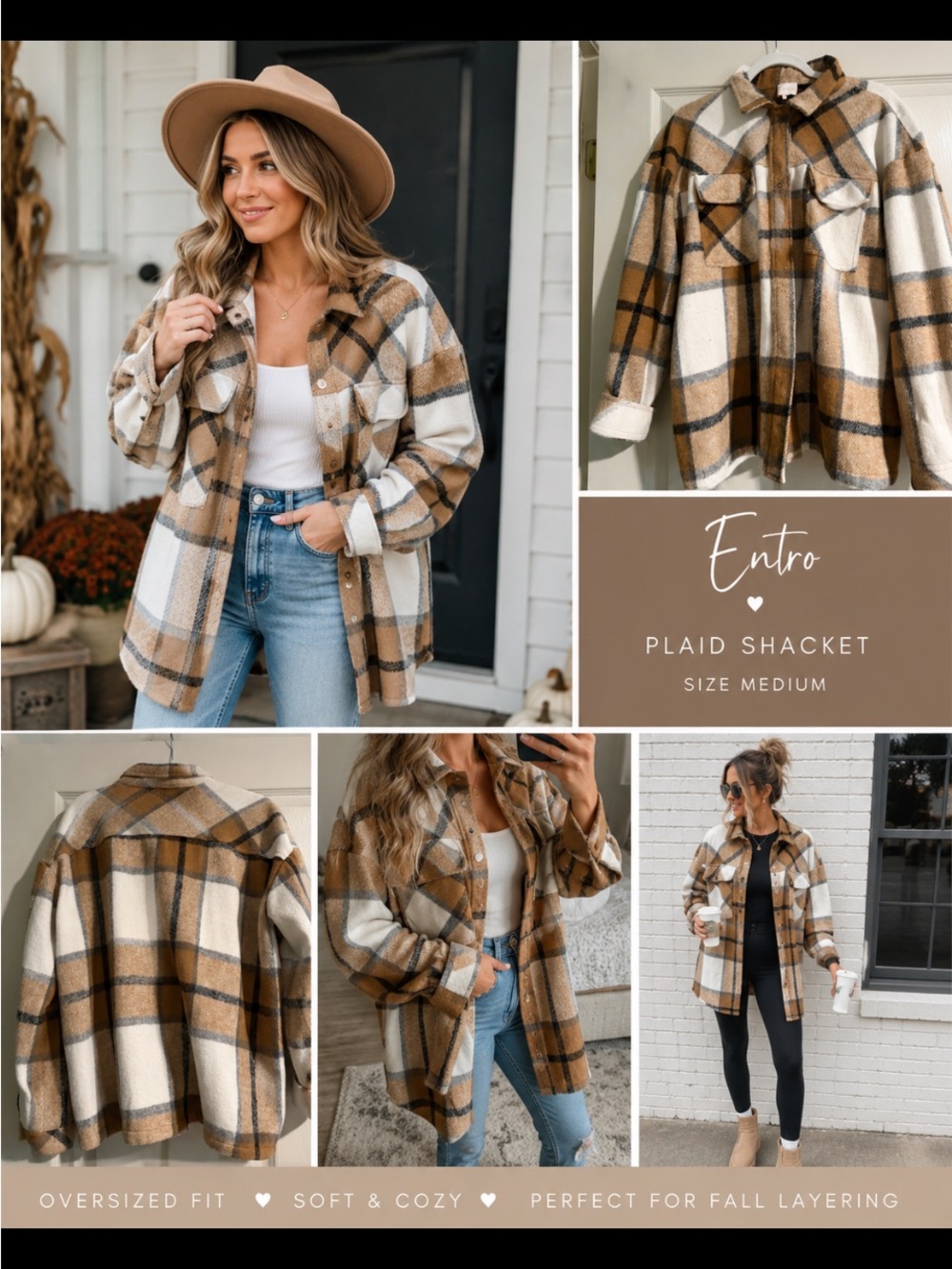Entro Plaid Shacket Medium | Camel Cream Oversized Button Front Jacket